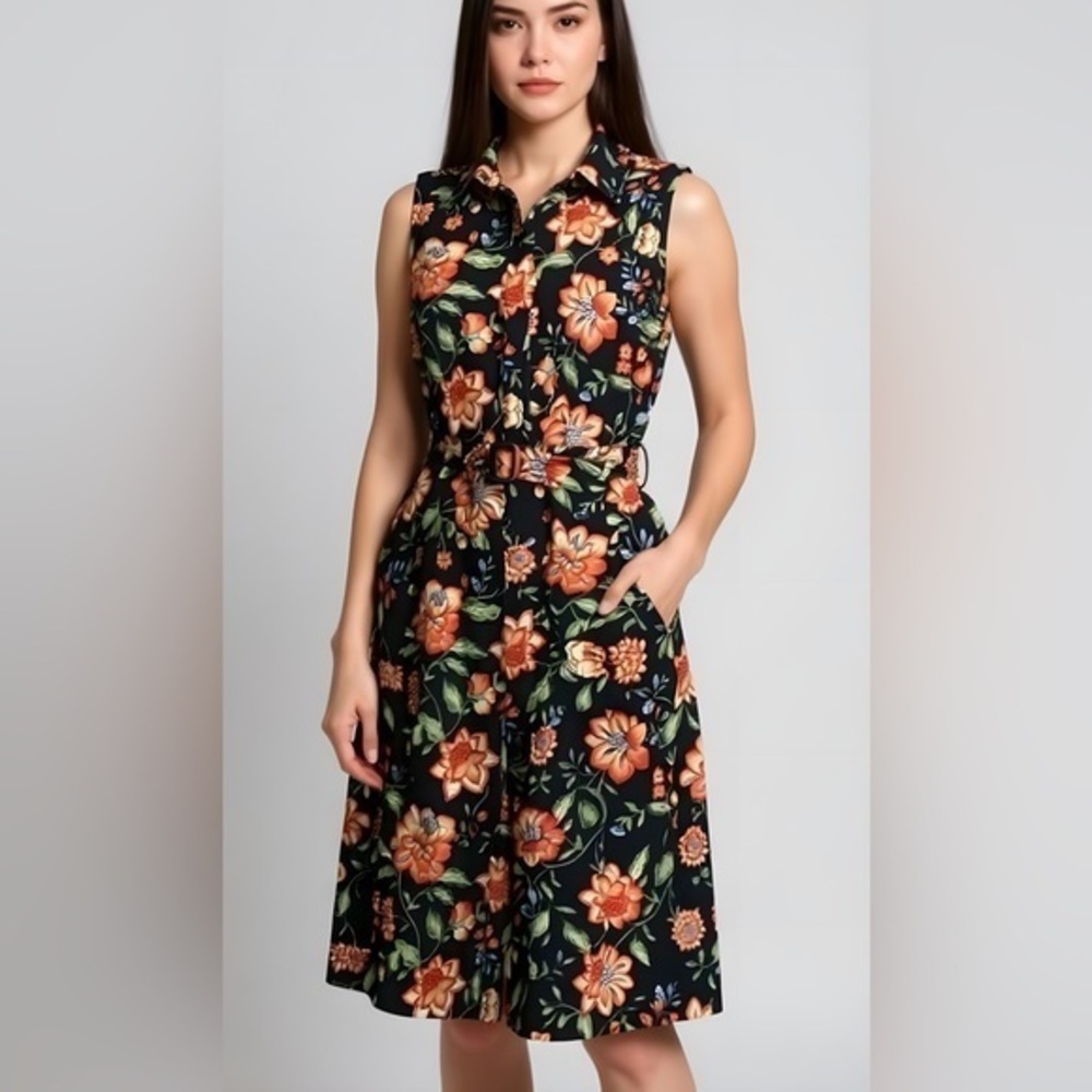 Woman’s Black and Orange Floral Midi Dress